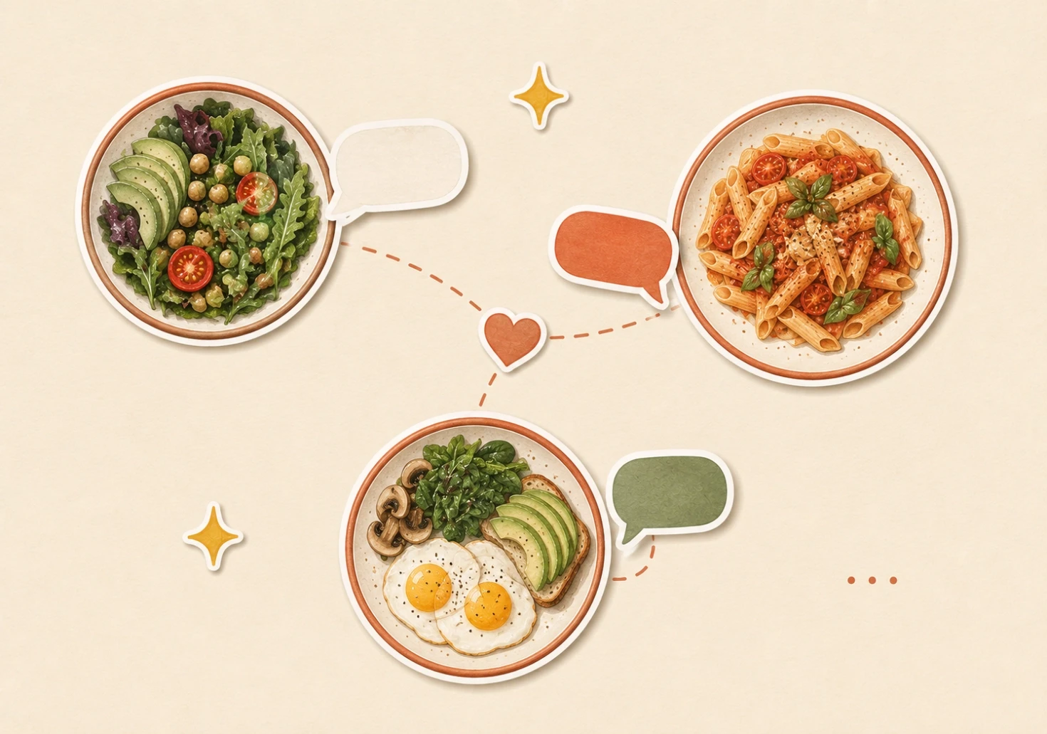 Kesikli bir çizgiyle birbirine bağlanmış üç tabak — salata, makarna, yumurta — aralarında kalp ve konuşma balonları